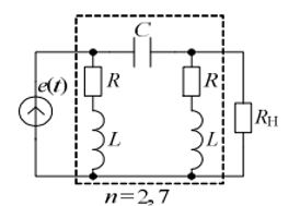 <b>Задание 6</b> <br />Полагая параметры электрической цепи (см. рис. 1.2) такими же, как в задании 2, рассчитать на частоте источника напряжения параметры четырехполюсника, эквивалентной части цепи, выделенной штриховой линией.<br /><b> Вариант n=7 m=5</b><br />Искомые параметры: А <br />R=2+n/(m+1)=2+7/(5+1)=3.167 Ом; <br />L=(1+m)•(1+n)=(1+5)•(1+7)=48 мГн; <br />C=(1+m)/(1+n)•10<sup>-2</sup>=(1+5)/(1+7)•10<sup>-2</sup>=7.5 нФ; <br />ω=10<sup>3</sup>  с<sup>-1</sup>;