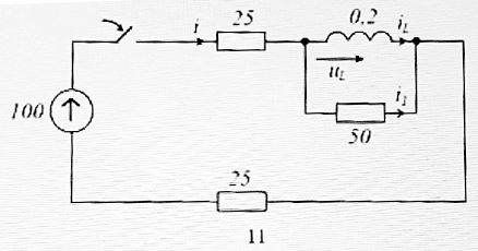 <b>Расчет переходного процесса в цепи постоянного тока. </b>   <br />Е = 100 В <br />R1 = 25 Ом <br />R2 = 25 Ом <br />R3 = 50 Ом <br />L = 0.2 Гн  <br />Найти все токи и напряжения на катушке