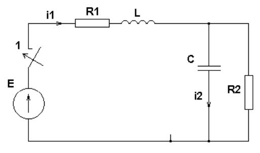 Найти:<br /> 1. Выражения для токов i1(t) и i2(t) классическим методом.  <br />2. Практическую длительность переходного процесса, а в случае колебательного характера этого процесса также и период свободных колебаний и логарифмический декремент колебаний <br />3. Построить графики переходных процессов токов i1(t) и i2(t) <br />4. Рассчитать переходные процессы токов i1(t) и i2(t) с помощью программы моделирования электрических и электронных схем. <br /><b>Вариант 3</b> <br />Дано: R1 = 100 Ом, R2 = 20 Ом, L = 80 мГн, C = 200 мкФ, E = 100 В