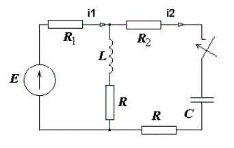 Найти:<br /> 1. Выражения для токов i1(t) и i2(t) классическим методом.  <br />2. Практическую длительность переходного процесса, а в случае колебательного характера этого процесса также и период свободных колебаний и логарифмический декремент колебаний <br />3. Построить графики переходных процессов токов i1(t) и i2(t) <br />4. Рассчитать переходные процессы токов i1(t) и i2(t) с помощью программы моделирования электрических и электронных схем. <br /><b>Вариант 22</b> <br />Дано: R = 30 Ом, R1 = 15 Ом, R2 = 50 Ом, L = 50 мГн, C = 10 мкФ, Е = 100 В 