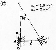 <b>Плоско-параллельное движение твердого тела</b> <br />Для представленных на схемах 1-30 механизмов, состоящих из шатуна АВ длиной 2м и двух ползунов, по заданным величинам скорости и ускорения ползуна А определить скорость и ускорение ползуна В и средней точки С шатуна, а также угловую скорость и угловое ускорение шатуна. <br /><b>Вариант 12</b>