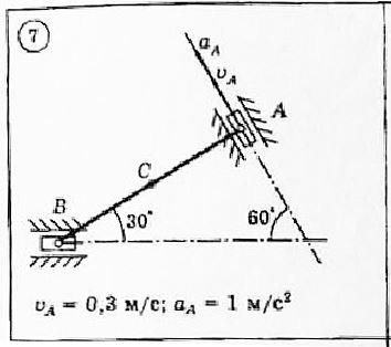 <b>Задание К3<br />Плоскопараллельное движение твердого тела</b><br />Для представленных на схемах 1-30 механизмов, состоящих из шатуна АВ диной 2 м и двух ползунов, по заданным величинам скорости и ускорения ползуна А определить скорость и ускорение ползуна В и средней точки С шатуна,  а также угловую скорость и угловое ускорение шатуна.<br /><b>Вариант 7</b>