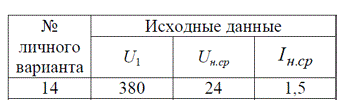 <b>Задача № 2.</b> Рассчитать параметры однофазного двухполупериодного выпрямителя мостовой схемы, содержащего идеальные трансформатор и диоды и работающего на активную нагрузку. Величины действующего значения напряжения питающей сети U<sub>1</sub>, средние значения выпрямленного напряжения U<sub>н.ср</sub> и выпрямленного тока I<sub>н.ср</sub> указаны в таблице 2. Частота питающего напряжения для всех вариантов f<sub>C</sub> равна 50 Гц. <br /> <b>Вариант 14</b>