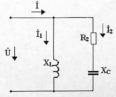 Найти действующее значение напряжения и токов, построить совмещенную векторную диаграмму токов и напряжения, если известно: <br />u=70 sin⁡(314t+30°) <br />R<sub>2</sub>=15 Ом, <br />X<sub>C2</sub>=10 Ом,  <br />X<sub>L1</sub>=20 Ом.