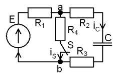 <b>Переходные процессы в RC-цепи переменного тока</b><br /> С источником ЭДС переменного синусоидального тока найти классическим методом ток и напряжение в конденсаторе  Построить диаграмму для t=0-4τ<br /><b> Вариант 41</b> <br />Дано: схема 2A <br />E = 140 В, <br />С = 10 мкФ, <br />R1 =20 Ом, R2 = 19 Ом, R3 = 10 Ом, R4 = 2 Ом   <br />ψ<sub>E</sub>=10°•Nвар=10°•41=410°=50°;