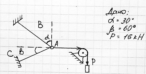 <b>Тема: Равновесие плоской системы сходящихся сил</b> <br />На невесомой нити, перекинутой через блок, подвешен груз Р.  Определить реакции двух удерживающих блок опорных стержней, не  учитывая при этом силы трения и размеры блока. Решение выполнить  аналитическим методом.