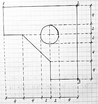 <b>Тема: Равновесие пространственной системы параллельных сил</b> <br />Плита, план которой изображен на схеме, опирается на три  колонны в точках 1, 2 и 3. Вес одного квадратного метра плиты  составляет q = 5 кН/м<sup>2</sup>. Определить реакции опор.