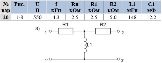 <b>Расчет коэффициентов линейных четырехполюсников</b><br />Четырехполюсник, заданный одной из схем на рис.1, нагружен сопротивлением Rн и питается от генератора синусоидального напряжения с частотой f, действующим значением напряжения U и внутренним сопротивлением Zг. Заданные величины указаны в таблице 1. <br />Требуется: <br />1.	Найти параметры <u>А</u>, <u>В</u>, <u>С</u>, <u>D</u> четырёхполюсника вторым расчетным методом двумя способами: <br />а) предварительно определив токи и напряжения холостого хода и короткого замыкания и записав уравнения по законам Кирхгофа в этих режимах для расчетной схемы; <br />б) определив входные сопротивления цепи со стороны первичных и вторичных зажимов в режимах холостого хода и короткого замыкания; <br />в) сделать проверку найденных параметров по уравнению связи.  <br />2.	Определить напряжение на выходе четырехполюсника, если входной ток составляет 0,1 А, построить векторные диаграммы токов и напряжений на входе и выходе четырехполюсника.<br /><b>Вариант 20</b>