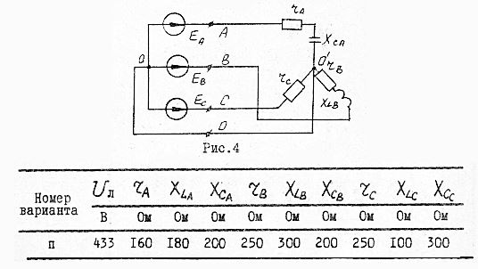 <b>Задача 2. Цепи трехфазного тока </b><br />В таблице указаны сопротивления всех фаз приемника и линейное напряжение Uл схемы. <br />Требуется: <br />Для четырехпроводной цепи: <br />1. Определить комплексы действующих значений фазных напряжений нагрузки и всех токов. <br />2. Определить активную, реактивную и полную мощности нагрузки. <br />3. Построить векторную диаграмму всех ЭДС, фазных и линейных напряжений нагрузки и токов. <br />Для трехпроводной цепи (нейтральный провод разорван): <br />4. Определить комплексы действующих значений фазных напряжений и токов нагрузки. <br />5. Построить векторную диаграмму всех ЭДС, фазных и линейных напряжений нагрузки и токов.   <br /><b>Вариант 10 (схема 4 данные "п")</b>