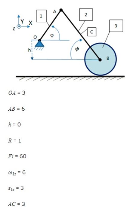 Для заданного положения кривошипно-шатунного механизма (положительное направление отсчета угла φ показано на рисунке), заданных угловой скорости ω1 и углового ускорения ε1<br />Найти угловую скорость ω2, угловое ускорение ε шатуна АВ, скорость и ускорение ползуна В, скорость и ускорение точки С на шатуне АВ