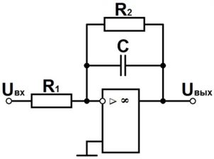 Каков коэффициент передачи у схемы? Определить частоту среза, если R1 = 10 кОм, R2 = 20 кОм, C = 10 нФ.  <br />Инвертирующая схема на ОУ или неинвертирующая более зависит от источника входной ЭДС и почему?