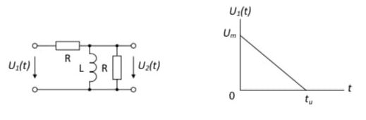 На входе цепи, состоящей из двух сопротивлений R= 20 Ом и индуктивности L = 500 мкГн, действует одиночный импульс напряжения U1(t) с амплитудой Um = 100 мВ и длительностью tu = 20 мкс. Определить переходную и импульсную функции цепи по напряжению. Пользуясь интегралом Дюамеля, найти форму выходного импульса U2(t). Построить графики U1(t) и U2(t) в одном масштабе.