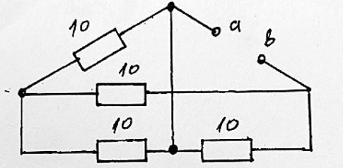 <b>Вариант №19 </b><br />Методом эквивалентных преобразований определить сопротивление схемы относительно зажимов «а-б». Рядом с каждым резистором написан его номинал в Омах.