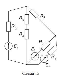 Для заданной цепи (схемы) необходимо выполнить следующее: <br />1.	Определить токи во всех ветвях методом контурных токов <br />2.	Определить ток в одном из сопротивлений цепи, указанном в последнем столбце табл. 1, методом эквивалентного источника. <br />3.	Составить баланс мощностей для исходной схемы, оценить погрешность. <br />4.	Построить потенциальную диаграмму для внешнего контура.  <br /><b>Вариант 45</b>.   <br />Дано: <br />Е1 = 60 В, Е2 = 120 В, Е3 = 80 В <br />R1 = 10 Ом, R2 = 12 Ом, R3 = 45 Ом, R4 = 45 Ом, R5 = 45 Ом, R6 = 35 Ом. <br />Искомый ток в резисторе R1.