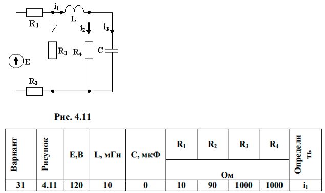<b>Переходные процессы в линейных электрических цепях </b> <br />Дана электрическая цепь, в которой происходит коммутация (рис. 4.1-4.20). В цепи действует постоянная э.д.с. Е. Параметры цепи приведены в табл. 4.1. Требуется определить закон изменения во времени тока после коммутации в одной из ветвей схемы или напряжения на каком-либо элементе или между заданными точками схемы.  <br />Задачу следует решать операторным методом. <br />На основании полученного аналитического выражения требуется построить график изменения искомой величины в функции времени в интервале от t=0 до t=5/|p|, где p – корень характеристического уравнения.<br /><b>Вариант 31</b>
