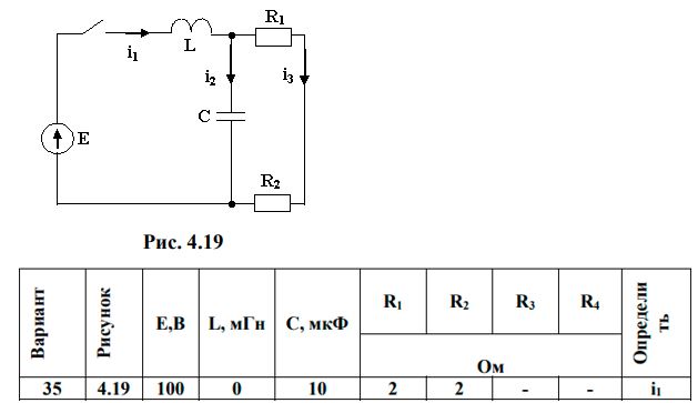 <b>Переходные процессы в линейных электрических цепях </b> <br />Дана электрическая цепь, в которой происходит коммутация (рис. 4.1-4.20). В цепи действует постоянная э.д.с. Е. Параметры цепи приведены в табл. 4.1. Требуется определить закон изменения во времени тока после коммутации в одной из ветвей схемы или напряжения на каком-либо элементе или между заданными точками схемы.  <br />Задачу следует решать операторным методом. <br />На основании полученного аналитического выражения требуется построить график изменения искомой величины в функции времени в интервале от t=0 до t=5/|p|, где p – корень характеристического уравнения.<br /><b>Вариант 35</b>