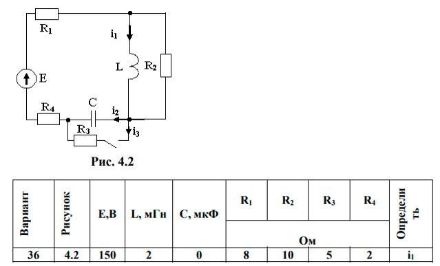 <b>Переходные процессы в линейных электрических цепях </b> <br />Дана электрическая цепь, в которой происходит коммутация (рис. 4.1-4.20). В цепи действует постоянная э.д.с. Е. Параметры цепи приведены в табл. 4.1. Требуется определить закон изменения во времени тока после коммутации в одной из ветвей схемы или напряжения на каком-либо элементе или между заданными точками схемы.  <br />Задачу следует решать операторным методом. <br />На основании полученного аналитического выражения требуется построить график изменения искомой величины в функции времени в интервале от t=0 до t=5/|p|, где p – корень характеристического уравнения.<br /><b>Вариант 36</b>