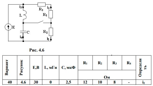 <b>Переходные процессы в линейных электрических цепях </b> <br />Дана электрическая цепь, в которой происходит коммутация (рис. 4.1-4.20). В цепи действует постоянная э.д.с. Е. Параметры цепи приведены в табл. 4.1. Требуется определить закон изменения во времени тока после коммутации в одной из ветвей схемы или напряжения на каком-либо элементе или между заданными точками схемы.  <br />Задачу следует решать операторным методом. <br />На основании полученного аналитического выражения требуется построить график изменения искомой величины в функции времени в интервале от t=0 до t=5/|p|, где p – корень характеристического уравнения.<br /><b>Вариант 40</b>