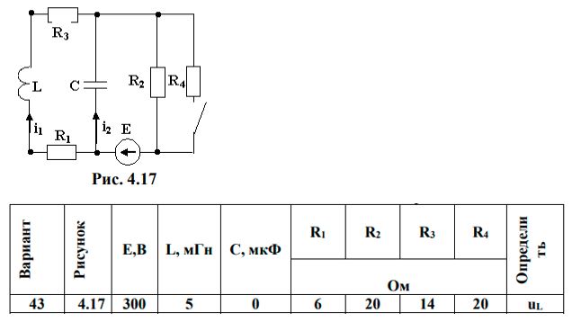 <b>Переходные процессы в линейных электрических цепях </b> <br />Дана электрическая цепь, в которой происходит коммутация (рис. 4.1-4.20). В цепи действует постоянная э.д.с. Е. Параметры цепи приведены в табл. 4.1. Требуется определить закон изменения во времени тока после коммутации в одной из ветвей схемы или напряжения на каком-либо элементе или между заданными точками схемы.  <br />Задачу следует решать операторным методом. <br />На основании полученного аналитического выражения требуется построить график изменения искомой величины в функции времени в интервале от t=0 до t=5/|p|, где p – корень характеристического уравнения.<br /><b>Вариант 43</b>