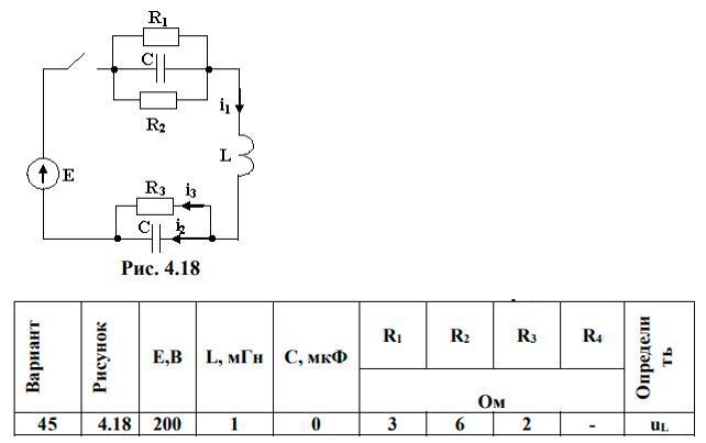 <b>Переходные процессы в линейных электрических цепях </b> <br />Дана электрическая цепь, в которой происходит коммутация (рис. 4.1-4.20). В цепи действует постоянная э.д.с. Е. Параметры цепи приведены в табл. 4.1. Требуется определить закон изменения во времени тока после коммутации в одной из ветвей схемы или напряжения на каком-либо элементе или между заданными точками схемы.  <br />Задачу следует решать операторным методом. <br />На основании полученного аналитического выражения требуется построить график изменения искомой величины в функции времени в интервале от t=0 до t=5/|p|, где p – корень характеристического уравнения.<br /><b>Вариант 45</b>