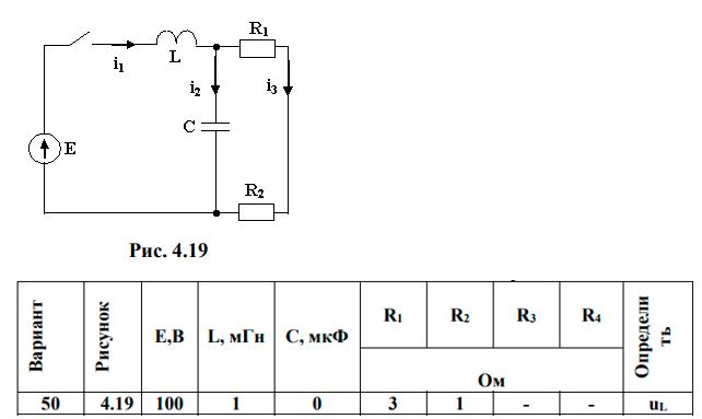<b>Переходные процессы в линейных электрических цепях </b> <br />Дана электрическая цепь, в которой происходит коммутация (рис. 4.1-4.20). В цепи действует постоянная э.д.с. Е. Параметры цепи приведены в табл. 4.1. Требуется определить закон изменения во времени тока после коммутации в одной из ветвей схемы или напряжения на каком-либо элементе или между заданными точками схемы.  <br />Задачу следует решать операторным методом. <br />На основании полученного аналитического выражения требуется построить график изменения искомой величины в функции времени в интервале от t=0 до t=5/|p|, где p – корень характеристического уравнения.<br /><b>Вариант 50</b>