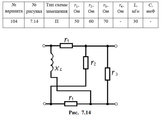 <b>Задание № 7.</b> <br /> Задание. Для электрической цепи четырехполюсника (рис. 7.1 – рис. 7.30), параметры которой приведены в табл. 7.1, для входных сигналов с частотой f = 800 Гц необходимо: <br />1. Определить параметры А <br />2. Вычислить сопротивления Т-образной или П-образной схемы замещения заданного четырехполюсника. <br />3. Вычислить характеристические сопротивления и меру передачи<br /><b>Вариант 104</b>