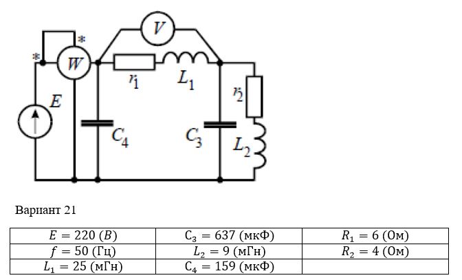 <b>Задание № 2<br />  Анализ линейной электрической цепи  синусоидального  тока в установившемся режиме</b> <br />Для электрической схемы, изображенной на рисунках, по заданным в таблице параметрам и  ЭДС источника выполнить следующее:  <br />1)  Составить  систему  уравнений  по  законам  Кирхгофа  в  дифференциальной форме.  <br />2) Рассчитать мгновенные значения токов во всех ветвях:  <br />- по законам Кирхгофа;  <br />- методом контурных токов;  <br />- методом узловых потенциалов;  <br />3) Составить баланс активных, реактивных, комплексов полных мощностей.  <br />4)  Построить  в  масштабе  на    одной  комплексной  плоскости    векторную диаграмму токов и топографическую диаграмму напряжений.  <br />5) Определить показания вольтметра и ваттметра. <br />6) Исследовать заданную электрическую цепь с помощью моделирующей программы NI Multisim.  <br /><b> Вариант 21</b>