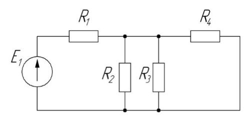 Определить токи в ветвях методом контурных токов и методом узловых потенциалов   <br />R1= 5 Ом, R2= 3 Ом, R3 =4 Ом R4 = 6 Ом,   <br />E1= 10 В