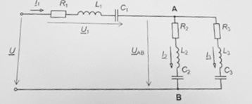 <b>Задача 7</b><br />Определить силу тока, напряжение U, частоту f и построить векторную диаграмму при резонансе напряжений, если iab=3sin(ωt+20); <br />R1 = 100 Ом, R2 = 90 Ом, L2 = 120 мГн; C1 = 150 мкФ.