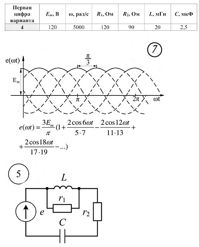<b>Задача №8<br /> Расчет линейной электрической цепи при несинусоидальных напряжениях и токах </b><br />На рисунке показана цепь с источником периодической несинусоидальной ЭДС. График функции e=f(ωt) изображен на рисунке. <br />Амплитуда ЭДС, угловая частота первой гармоники и параметры цепи даны в таблице. <br />Для расчета данной цепи необходимо: <br />1.	Написать уравнение мгновенного значения ЭДС согласно разложению в ряд Фурье периодической несинусоидальной ЭДС e=f(ωt). <br />2.	Определить действующее значение несинусоидальной ЭДС, заданной графиком на рисунке. <br />3.	Вычислить действующее значение тока на неразветвленном участке цепи и написать закон его изменения i=f(ωt) с учетом указанных выше членов разложения в ряд Фурье. <br />4.	Построить графики (волновые диаграммы) ЭДС источника и тока на неразветвленном участке цепи. На каждом графике показать первые три гармоники и суммарную кривую, полученную в результате графического сложения постоянной составляющей и отдельных гармоник. Для сравнения на графике ЭДС показать заданную кривую e=f(ωt). <br />5.	Определить активную, реактивную, полную мощности и коэффициент мощности цепи. <br /><b>Вариант 475</b>