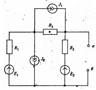 <b>Задание 3</b> <br />В электрической схеме (рис. 3) отметить направления токов ветвей, составить системы уравнений по законам Кирхгофа, по методу контурных токов (МКТ) и методу узловых потенциалов (МУП). Для МКТ и МУП определить все коэффициенты. Проверить результаты расчёта с произвольными значениями сопротивлений.