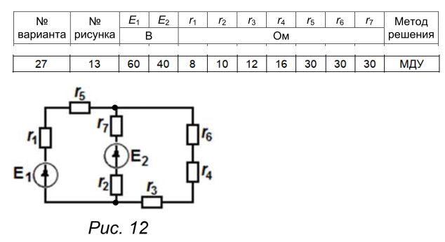 <b>Задача 2.2.</b> <br />В соответствии с номером варианта в табл. 3 заданы все ЭДС и  сопротивления в схеме (рис. 11–20). <br />Определить:  <br />1) найти токи в схеме методом двух узлов (МДУ) или методом  наложения (МН);  <br />2) найти ток в одной из ветвей схемы методом эквивалентного  генератора (МЭГ);  <br />3) составить уравнения баланса мощностей. <br /><b>Схема 12 данные 27</b>