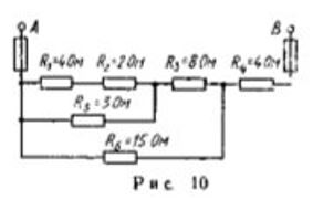Цепь постоянного тока содержит шесть резисторов, соединенных смешанно. Схема цепи и значения резисторов указаны на соответствующем рисунке. Номер рисунка и величина одного из заданных токов или напряжений приведены в таблице 1. Индекс тока или напряжения совпадает с индексом резистора, по  которому проходит этот ток или на котором действует указанное напряжение. Например, через резистор R5 проходит ток I5  и на нем действует напряжение U5.  Определить:  <br />1) эквивалентное сопротивление цепи относительно вводов АВ; <br />2) ток в каждом резисторе;  <br />3) напряжение на каждом резисторе;   <br /><b>Вариант 63</b>                           <br />Дано: I3 = 10.8 A