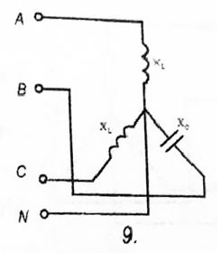 В трехфазную сеть с симметричным линейным напряжением U включены сопротивления. Согласно заданному варианту определить токи во всех проводах цепи, активную, реактивную и полную мощности нагрузок, построить векторную диаграмму.  <br /><b>Вариант 14 схема 9 </b><br />Дано: Uл = 225 В, X<sub>LA</sub>= 100 Ом, X<sub>CB</sub>= 180 Ом, X<sub>LC</sub>= 160 Ом 