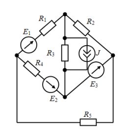<b>Расчет цепей постоянного тока</b> <br />1.	Методом непосредственного применения законов Кирхгофа рассчитать токи во всех ветвях одной из схем рис. 1.1-1.24 <br />2.	Рассчитать токи в ветвях методом контурных токов. Сопоставить результаты расчетов п.1 и п.2 <br />3.	Составить баланс мощностей для данной схемы <br />4.	Построить для внешнего контура схемы потенциальную диаграмму. Определить по ней токи в ветвях этого контура. <br />5.	Определить ток в ветви с сопротивлением R1 методом эквивалентного генератора.  <br /> <b>Вариант 6</b>. <br />Дано: R1 = 20 Ом, R2 = 74 Ом, R3 = 23 Ом, R4 = 59 Ом, R5 = 88 Ом,  <br />Е1 = 83, Е2 = 0 В, Е3 = 80 В, J = 4 A