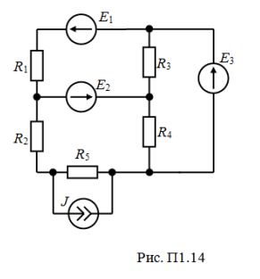 <b>Расчет цепей постоянного тока</b> <br />1.	Методом непосредственного применения законов Кирхгофа рассчитать токи во всех ветвях одной из схем рис. 1.1-1.24 <br />2.	Рассчитать токи в ветвях методом контурных токов. Сопоставить результаты расчетов п.1 и п.2 <br />3.	Составить баланс мощностей для данной схемы <br />4.	Построить для внешнего контура схемы потенциальную диаграмму. Определить по ней токи в ветвях этого контура. <br />5.	Определить ток в ветви с сопротивлением R1 методом эквивалентного генератора.  <br /> <b>Вариант 14</b>. <br />Дано: R1 = 78 Ом, R2 = 98 Ом, R3 = 60 Ом, R4 = 28 Ом, R5 = 30 Ом,  <br />Е1 = 0, Е2 = 70 В, Е3 = 45 В, J = 5 A