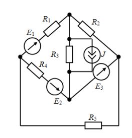 <b>Расчет цепей постоянного тока</b> <br />1.	Методом непосредственного применения законов Кирхгофа рассчитать токи во всех ветвях одной из схем рис. 1.1-1.24 <br />2.	Рассчитать токи в ветвях методом контурных токов. Сопоставить результаты расчетов п.1 и п.2 <br />3.	Составить баланс мощностей для данной схемы <br />4.	Построить для внешнего контура схемы потенциальную диаграмму. Определить по ней токи в ветвях этого контура. <br />5.	Определить ток в ветви с сопротивлением R1 методом эквивалентного генератора.  <br /> <b>Вариант 30</b>. <br />Дано: R1 = 21 Ом, R2 = 44 Ом, R3 = 22 Ом, R4 = 80 Ом, R5 = 56 Ом,  <br />Е1 = 0, Е2 = 110 В, Е3 = 55 В, J = 5 A