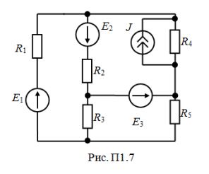 <b>Расчет цепей постоянного тока</b> <br />1.	Методом непосредственного применения законов Кирхгофа рассчитать токи во всех ветвях одной из схем рис. 1.1-1.24 <br />2.	Рассчитать токи в ветвях методом контурных токов. Сопоставить результаты расчетов п.1 и п.2 <br />3.	Составить баланс мощностей для данной схемы <br />4.	Построить для внешнего контура схемы потенциальную диаграмму. Определить по ней токи в ветвях этого контура. <br />5.	Определить ток в ветви с сопротивлением R1 методом эквивалентного генератора.  <br /> <b>Вариант 31</b>. <br />Дано: R1 = 57 Ом, R2 = 22 Ом, R3 = 45 Ом, R4 = 23 Ом, R5 = 81 Ом,  <br />Е1 = 0, Е2 = 60 В, Е3 = 90 В, J = 6 A