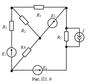 <b>Расчет цепей постоянного тока</b> <br />1.	Методом непосредственного применения законов Кирхгофа рассчитать токи во всех ветвях одной из схем рис. 1.1-1.24 <br />2.	Рассчитать токи в ветвях методом контурных токов. Сопоставить результаты расчетов п.1 и п.2 <br />3.	Составить баланс мощностей для данной схемы <br />4.	Построить для внешнего контура схемы потенциальную диаграмму. Определить по ней токи в ветвях этого контура. <br />5.	Определить ток в ветви с сопротивлением R1 методом эквивалентного генератора.  <br /> <b>Вариант 33</b>. <br />Дано: R1 = 25 Ом, R2 = 83 Ом, R3 = 42 Ом, R4 = 59 Ом, R5 = 47 Ом,  <br />Е1 = 0, Е2 = 75 В, Е3 = 80 В, J = 2 A