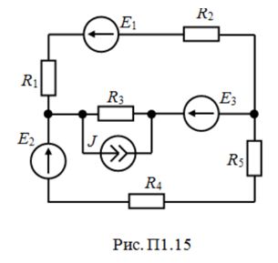 <b>Расчет цепей постоянного тока</b> <br />1.	Методом непосредственного применения законов Кирхгофа рассчитать токи во всех ветвях одной из схем рис. 1.1-1.24 <br />2.	Рассчитать токи в ветвях методом контурных токов. Сопоставить результаты расчетов п.1 и п.2 <br />3.	Составить баланс мощностей для данной схемы <br />4.	Построить для внешнего контура схемы потенциальную диаграмму. Определить по ней токи в ветвях этого контура. <br />5.	Определить ток в ветви с сопротивлением R1 методом эквивалентного генератора.  <br /> <b>Вариант 39</b>. <br />Дано: R1 = 22 Ом, R2 = 51 Ом, R3 = 31 Ом, R4 = 89 Ом, R5 = 65 Ом,  <br />Е1 = 65, Е2 = 0 В, Е3 = 95 В, J = 1 A