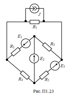 <b>Расчет цепей постоянного тока</b> <br />1.	Методом непосредственного применения законов Кирхгофа рассчитать токи во всех ветвях одной из схем рис. 1.1-1.24 <br />2.	Рассчитать токи в ветвях методом контурных токов. Сопоставить результаты расчетов п.1 и п.2 <br />3.	Составить баланс мощностей для данной схемы <br />4.	Построить для внешнего контура схемы потенциальную диаграмму. Определить по ней токи в ветвях этого контура. <br />5.	Определить ток в ветви с сопротивлением R1 методом эквивалентного генератора.  <br /> <b>Вариант 47</b>. <br />Дано: R1 = 39 Ом, R2 = 96 Ом, R3 = 73 Ом, R4 = 46 Ом, R5 = 79 Ом,  <br />Е1 = 130, Е2 = 0 В, Е3 = 70 В, J = 2 A
