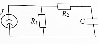 <b>Вариант 9 </b><br />Схема цепи представленf на рисунке. Параметры элементов цепи: J = 1 мА, R1 = 2 кОм, R2 = 2 кОм, C= 5 нФ. В нулевой момент времени источник отключается (заменяется внутренним сопротивлением). <br />Изобразите схему цепи для определения начальных условий, т.е. в момент времени коммутации. <br />Определите коэффициент затухания α, характеризующий свободный процесс в цепи после коммутации.