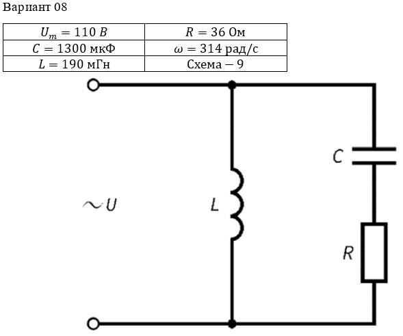 <b>Задание 2 <br />РАСЧЕТ ПАРАМЕТРОВ ОДНОФАЗНОЙ ЦЕПИ</b> <br />По данным табл. 2.1 произвести расчет электрической цепи переменного тока, содержащей активное сопротивление R, индуктивность L и емкость С, которые соединены в схемах по вариантам последовательно и параллельно. Напряжение в цепи изменяется по закону U = Um sin(ωt). Зарисовать схему электрической цепи и определить действующее значение тока I. В цепи с последовательным соединением определить: напряжения на сопротивлении UR, индуктивности UL и емкости UС. В цепи с параллельным соединением определить токи в ветвях. Также определить по вариантам соединения коэффициент мощности цепи, активную P, реактивную Q и полную S мощности. Построить в масштабе векторную диаграмму токов-напряжений. <br /><b>Вариант 8</b>