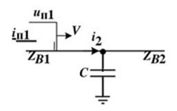 <b>Задача 5</b> <br />В месте соединения линий с волновыми сопротивлениями Zв1=300 (Ом) и Zв2=200 (Ом) включен конденсатор с емкостью C=200 (мкФ). <br />По первой линии движется падающая волна напряжения uп1=300 (В). <br />Определить ток i2(t)