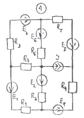1. Рассчитать токи ветвей методом контурных токов (МКТ).  <br />2. Проверка результатов МКТ по законам Кирхгофа.  <br />3. Составление баланса мощностей.  <br />4. Построение потенциальной диаграммы для внешнего контура и контура, созданного некоторыми ветвями внешнего контура и двумя (тремя) дополнительными ветвями заданной схемы.  <br />5. Определение напряжений (показаний вольтметров) на зажимах ветвей, не вошедших в потенциальные диаграммы.  <br />6. Определение тока второй ветви (содержащей E2 и R2) методом эквивалентного генератора. Напряжение холостого хода (ЭДС эквивалентного генератора) рассчитаем методом узловых потенциалов, а входное сопротивление (сопротивление эквивалентного генератора) определим методом преобразования схем.  <br />7. Определение входной проводимости второй ветви.  <br />8. Определение взаимной проводимости второй ветви со всеми остальными ветвями.  <br />9. Определение передаточного коэффициента по току между второй ветвью и ветвью с источником тока.  <br />10. Определение тока второй ветви, используя ее входную и взаимные проводимости и передаточный коэффициент по току.<br /> <b>n = 4, Nгр = 1, Nпот = 1</b>
