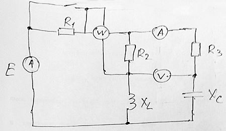 Дано: R2 = R3 = 6 Ом; XL = XC = 8 Ом. <br />Е = 30 В,  <br />I1 = 3 A (для разомкнутого ключа) <br />Найти: R1 для разомкнутого ключа, токи, показания приборов при замкнутом и разомкнутом положениях ключа. <br />Построить ВД токов и напряжений в обоих случаях.