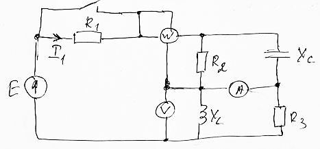 Дано: R2 = R3 = 8 Ом; XL = XC = 6 Ом. <br />Е = 20 В,  <br />I1 = 2 A (для разомкнутого ключа) <br />Найти: R1 для разомкнутого ключа, токи, показания приборов при замкнутом и разомкнутом положениях ключа. <br />Построить ВД токов и напряжений в обоих случаях.