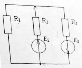 Параметры источников тока: Е2=10 В, Е3=8 В.  <br />Параметры резисторов: R1=25 Ом, R2=20 Ом, R3=30 Ом.  <br />Найти I1, I2, I3.