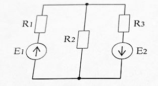 Определить токи в схеме из задания №2, если Е1 = 60 В, Е2 = 28 В, R1 = 20 Ом, R2 = 30 Ом, R3 = 16 Ом. Проверить баланс мощности