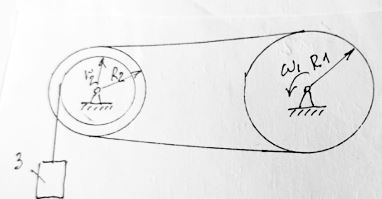 Закон движения колеса 1 в механизме: 2(t<sup>2</sup>-3t). Определить скорость и ускорение груза 3 в момент времени t = 2 с. R1 = 60 см, R2 = 40 см, r2 = 20 см